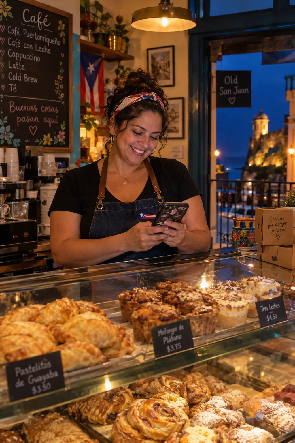 Dueña de un café en el Viejo San Juan sonríe mientras lee su celular detrás de la vitrina de pastelillos, de noche.