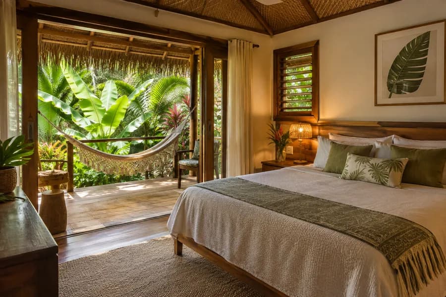 Bungalow with a queen bed and a hammock on the porch facing a tropical garden