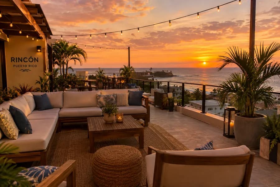 Rooftop terrace with sofas and string lights at sunset over the sea