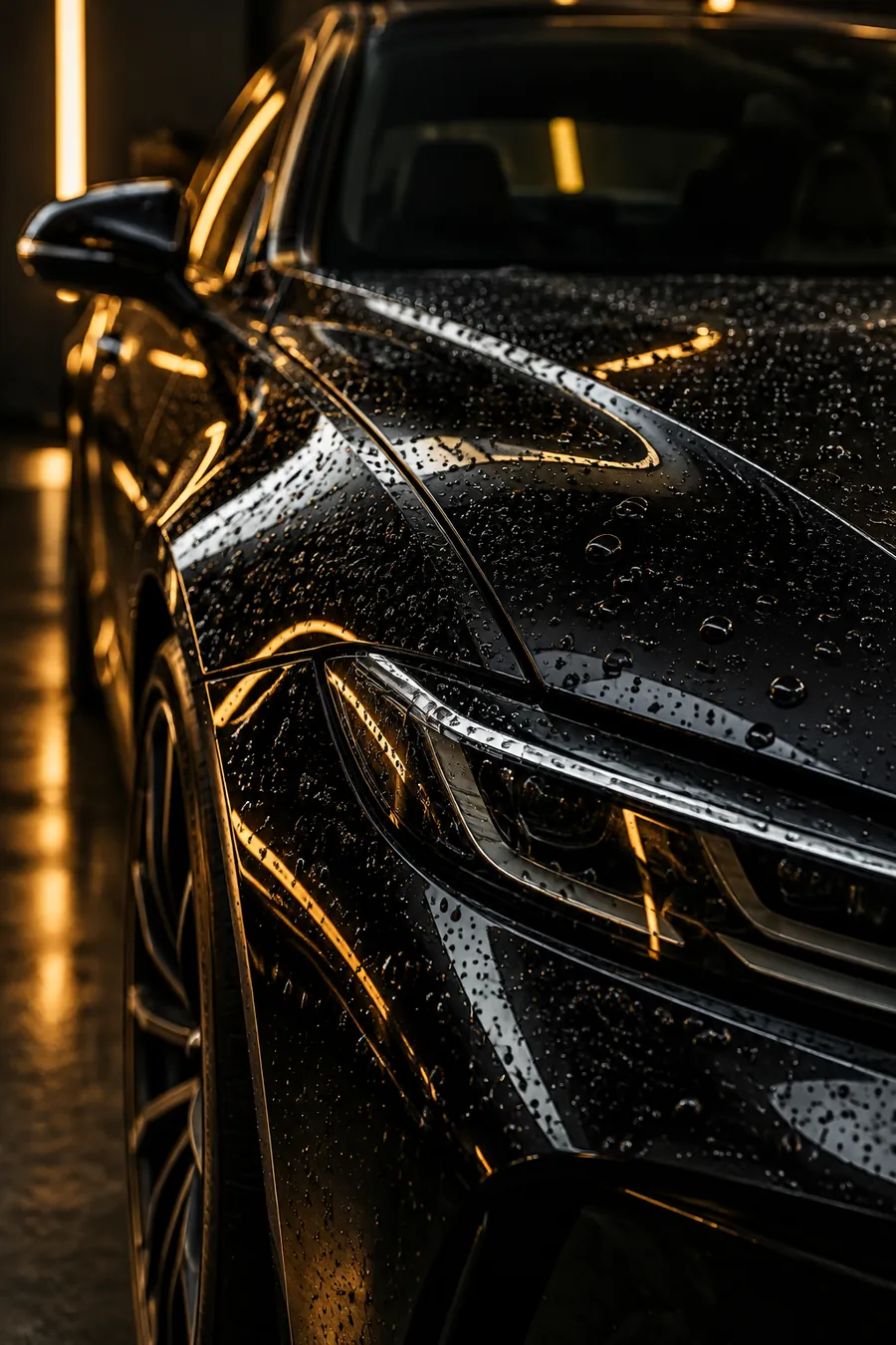 Freshly waxed black car beaded with water under warm lights