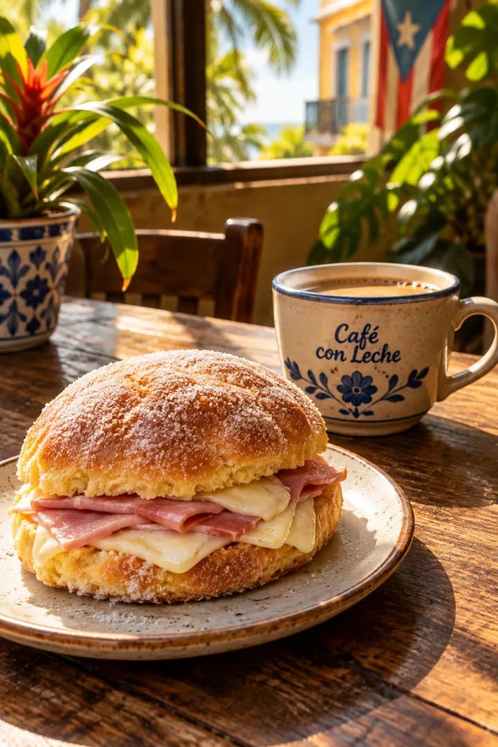Mallorca sandwich with ham and cheese beside a cup of café con leche on a wooden table